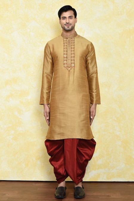 Buy_Arihant Rai Sinha_Beige Silk Embroidery Floral Placket Kurta With Dhoti Pant_Online_at_Aza_Fashions