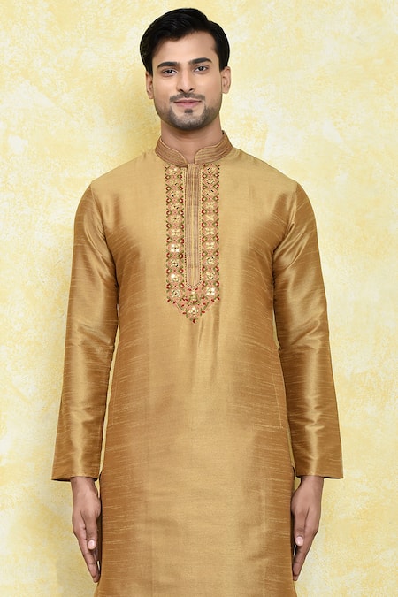 Shop_Arihant Rai Sinha_Beige Silk Embroidery Floral Placket Kurta With Dhoti Pant_Online_at_Aza_Fashions