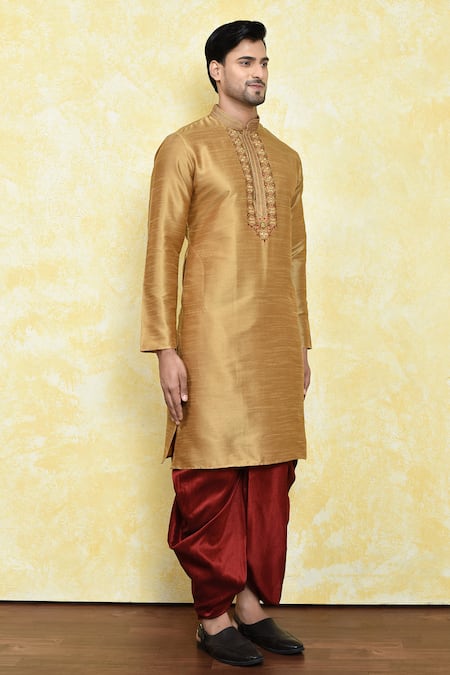 Arihant Rai Sinha_Beige Silk Embroidery Floral Placket Kurta With Dhoti Pant_at_Aza_Fashions