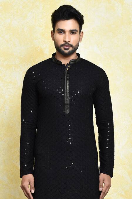 Arihant Rai Sinha_Black Silk Sequins Checkered Embroidered Kurta With Dhoti Pant_Online_at_Aza_Fashions