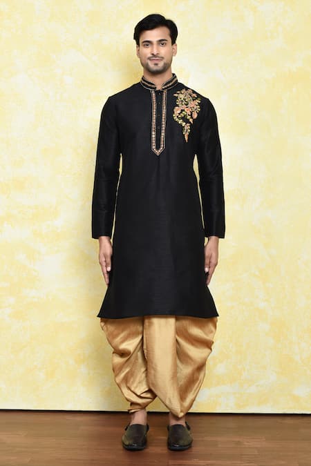 Shop_Arihant Rai Sinha_Black Silk Embroidery Peony Bloom Kurta With Dhoti Pant _Online_at_Aza_Fashions