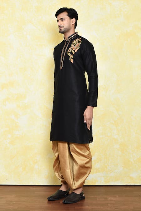 Arihant Rai Sinha_Black Silk Embroidery Peony Bloom Kurta With Dhoti Pant _at_Aza_Fashions