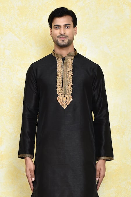 Buy_Arihant Rai Sinha_Black Silk Embroidery Dianthus Bloom Placket Kurta With Dhoti Pant _Online_at_Aza_Fashions