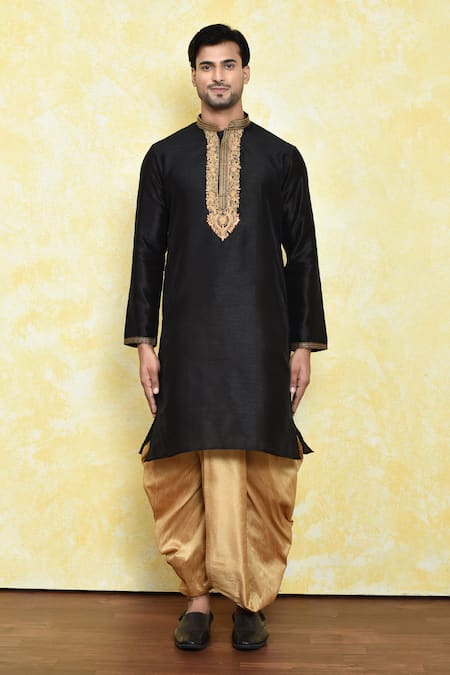 Shop_Arihant Rai Sinha_Black Silk Embroidery Dianthus Bloom Placket Kurta With Dhoti Pant _Online_at_Aza_Fashions