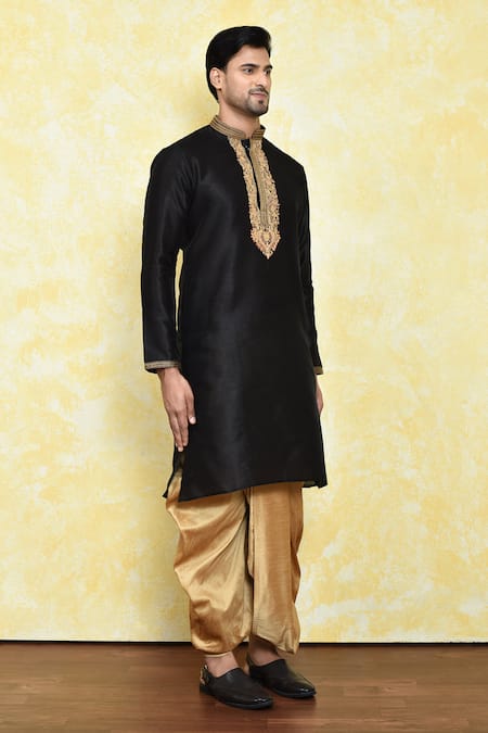 Arihant Rai Sinha_Black Silk Embroidery Dianthus Bloom Placket Kurta With Dhoti Pant _at_Aza_Fashions
