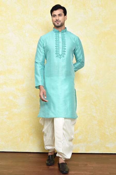 Samyukta Singhania Green Silk Embroidery Crest Placket Kurta With Dhoti Pant 