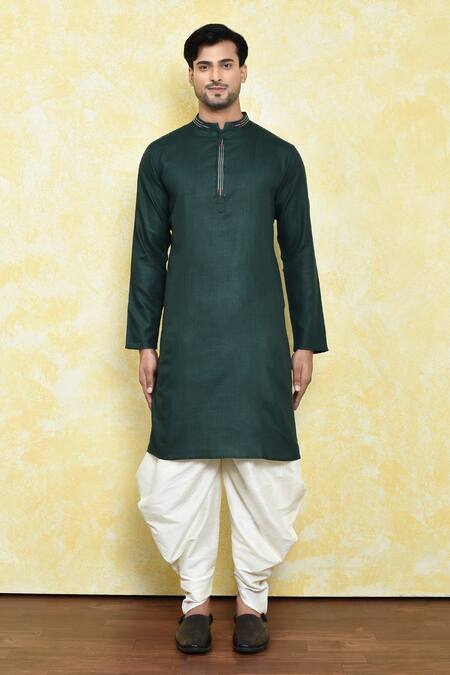 Shop_Arihant Rai Sinha_Green Silk, Cotton Embroidery Thread Work Placket Kurta Set _Online_at_Aza_Fashions