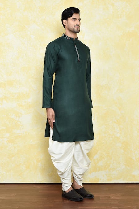 Arihant Rai Sinha_Green Silk, Cotton Embroidery Thread Work Placket Kurta Set _at_Aza_Fashions