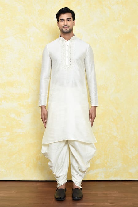 Shop_Arihant Rai Sinha_White Silk Embroidery Vintage Yoke Kurta Set _Online_at_Aza_Fashions