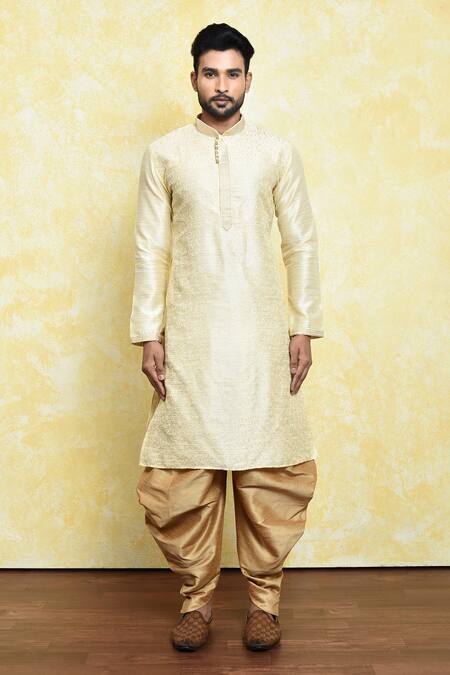 Shop_Arihant Rai Sinha_Beige Silk Embroidery Swirl Kurta Set_Online_at_Aza_Fashions