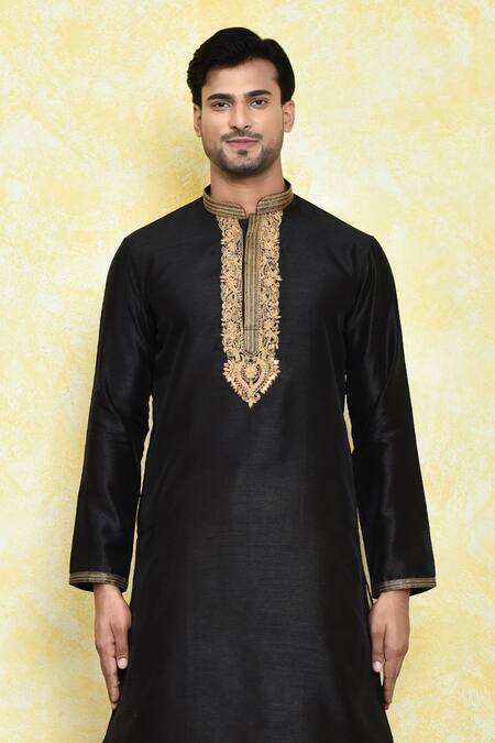 Buy_Arihant Rai Sinha_Black Silk Embroidery Contrast Placket Kurta Set _Online_at_Aza_Fashions