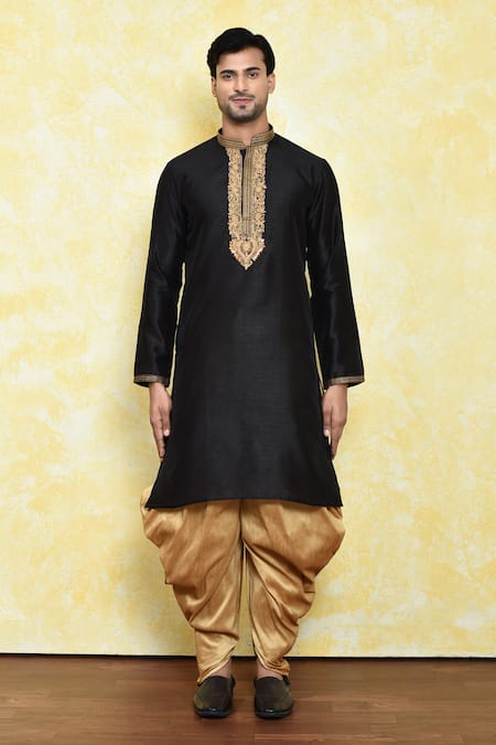 Shop_Arihant Rai Sinha_Black Silk Embroidery Contrast Placket Kurta Set _Online_at_Aza_Fashions