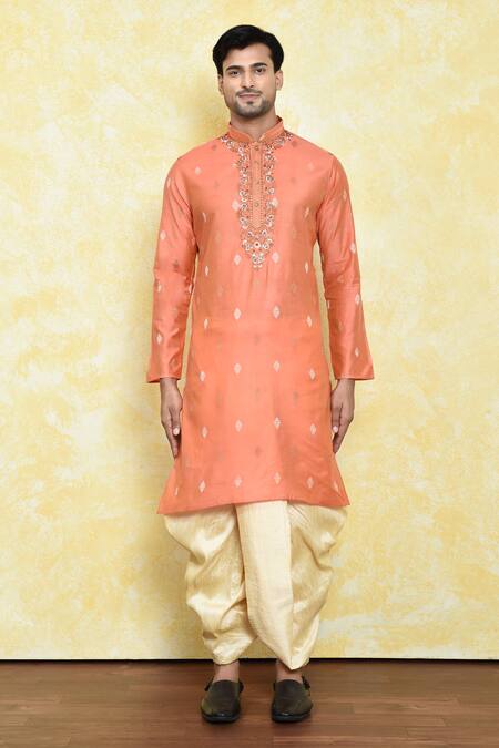 Shop_Arihant Rai Sinha_Yellow Silk Embroidery Floral Motif Kurta With Dhoti Pant_Online_at_Aza_Fashions