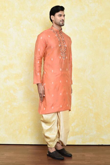 Arihant Rai Sinha_Yellow Silk Embroidery Floral Motif Kurta With Dhoti Pant_at_Aza_Fashions