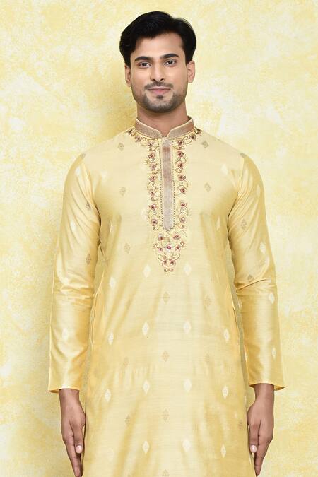 Arihant Rai Sinha_Yellow Silk Embroidery Buttercup Flora Kurta With Dhoti Pant_Online_at_Aza_Fashions