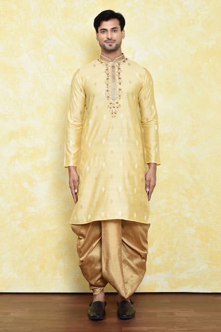 Shop_Arihant Rai Sinha_Yellow Silk Embroidery Buttercup Flora Kurta With Dhoti Pant_Online_at_Aza_Fashions