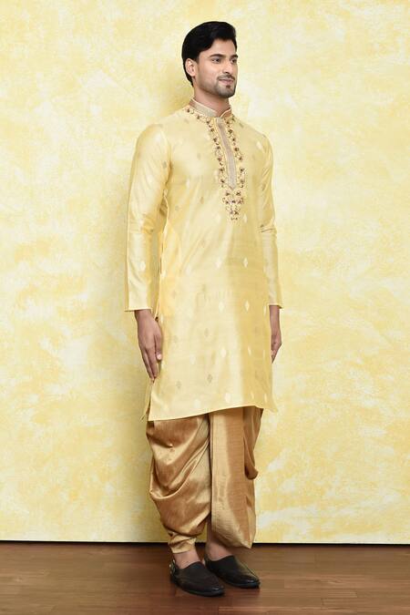 Arihant Rai Sinha_Yellow Silk Embroidery Buttercup Flora Kurta With Dhoti Pant_at_Aza_Fashions