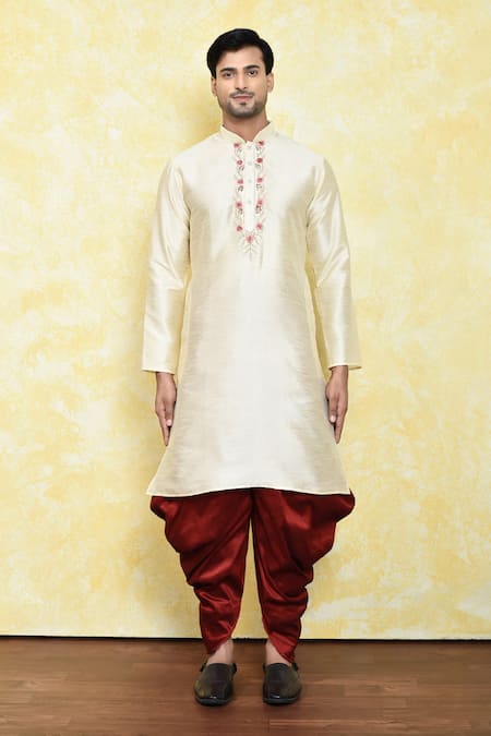 Shop_Arihant Rai Sinha_Cream Silk Embroidery, Mirrors Collar Thread Kurta And Patiala Pant Set _Online_at_Aza_Fashions