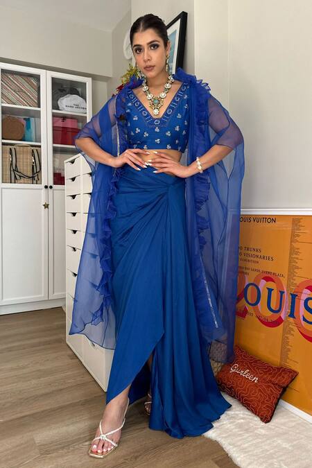 Buy Cupid Cotton Blue Silk, Cotton, Organza Embroidery V-neck Zara Cape Skirt Set Buy_Cupid Cotton_Blue Silk, Cotton, Organza Embroidery V-neck Zara Cape Skirt Set