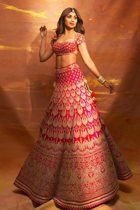 Gopi Vaid Red Blouse And Lehenga Tussar Embroidery Marodi Zardozi Bridal Set 