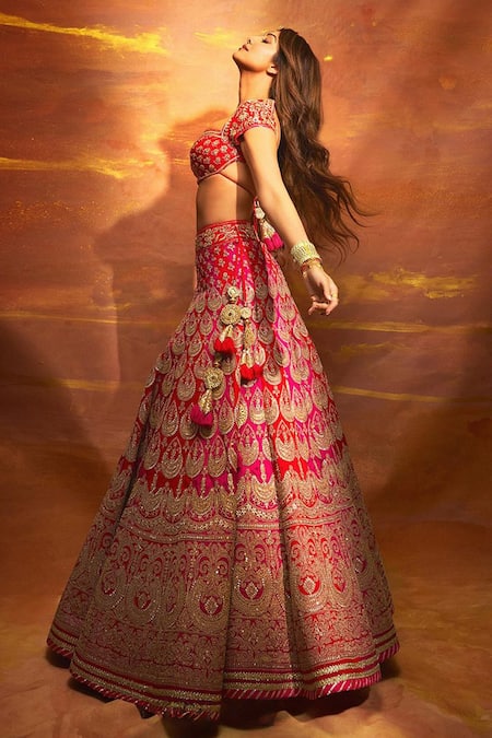 Gopi Vaid_Red Tussar, Organza Zari, Sequins, Gota Zardozi Embroidered Bridal Lehenga Set _Online_at_Aza_Fashions