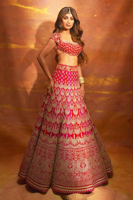 Buy_Gopi Vaid_Red Tussar, Organza Zari, Sequins, Gota Zardozi Embroidered Bridal Lehenga Set 