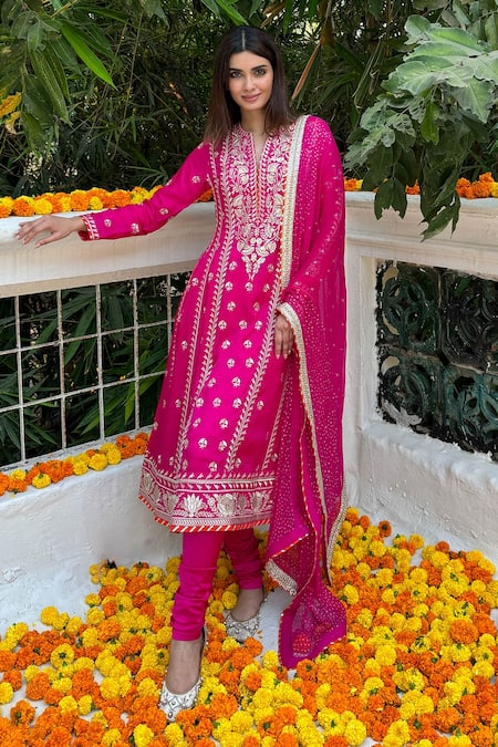 Gopi Vaid_Pink Tussar, Lycra, Chiffon Embroidery, Aarohi Zari Thread Work Anarkali Set _Online_at_Aza_Fashions