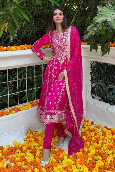 Shop_Gopi Vaid_Pink Tussar, Lycra, Chiffon Embroidery, Aarohi Zari Thread Work Anarkali Set _Online_at_Aza_Fashions