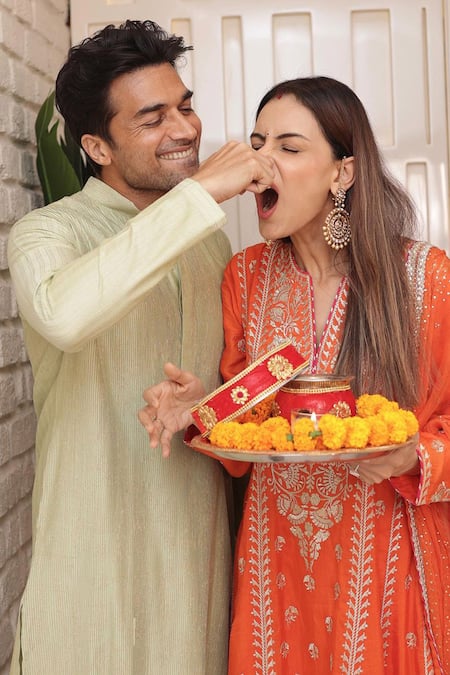 Gopi Vaid_Orange Tussar, Lycra, Chiffon Embroidery, Lace, Aarohi Thread Anarkali Set _Online_at_Aza_Fashions