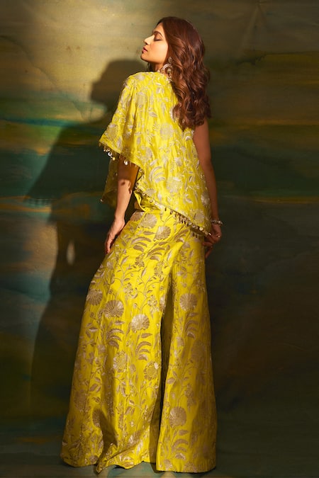 Shop_Gopi Vaid_Green Tussar, Silk Sequins, Arsh One Shoulder Embroidered Top And Flared Pant Set _at_Aza_Fashions