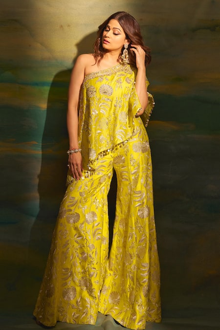 Gopi Vaid_Green Tussar, Silk Sequins, Arsh One Shoulder Embroidered Top And Flared Pant Set _Online_at_Aza_Fashions