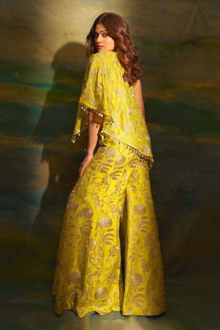 Shop_Gopi Vaid_Green Tussar, Silk Sequins, Arsh One Shoulder Embroidered Top And Flared Pant Set _Online_at_Aza_Fashions