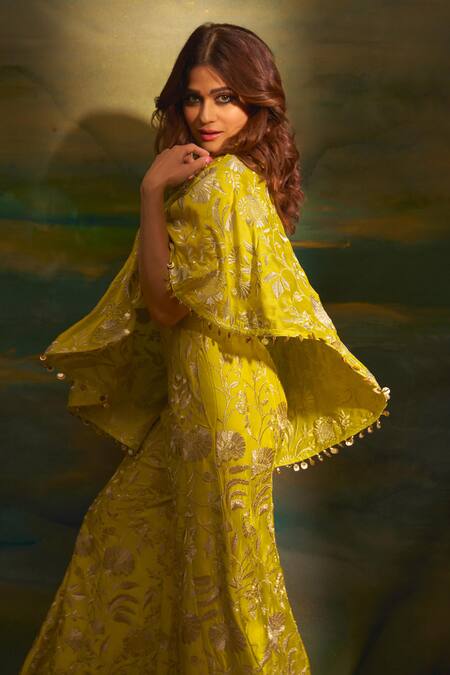 Gopi Vaid_Green Tussar, Silk Sequins, Arsh One Shoulder Embroidered Top And Flared Pant Set _at_Aza_Fashions