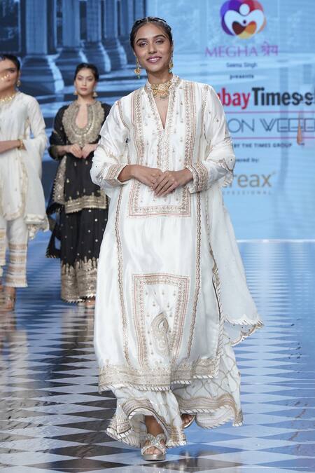 Shop_Gopi Vaid_White Tussar, Oxford, Silk Gota Patti, Sequins, Asma Floral Kurta Sharara Set_at_Aza_Fashions