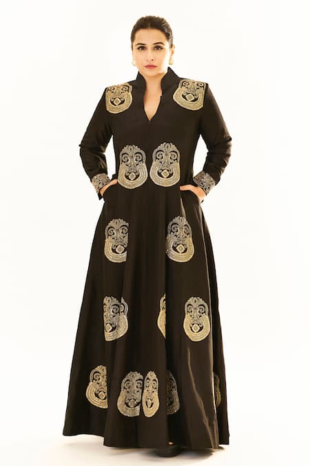 Gopi Vaid Black Tussar Embroidery Zari Thread Aadhya Jacket Anarkali And Pant Set 