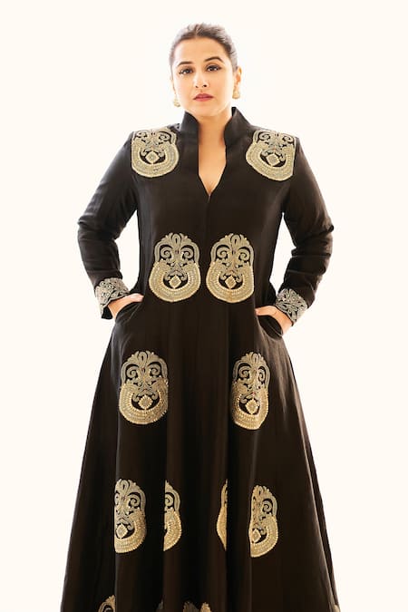 Gopi Vaid_Black Tussar Sequins, Gota Patti Aadhya Embroidered Jacket Anarkali And Pant Set _Online_at_Aza_Fashions