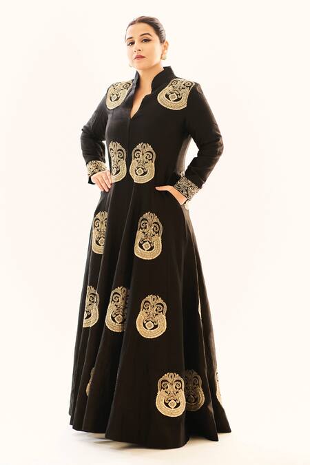Buy_Gopi Vaid_Black Tussar Sequins, Gota Patti Aadhya Embroidered Jacket Anarkali And Pant Set _Online_at_Aza_Fashions