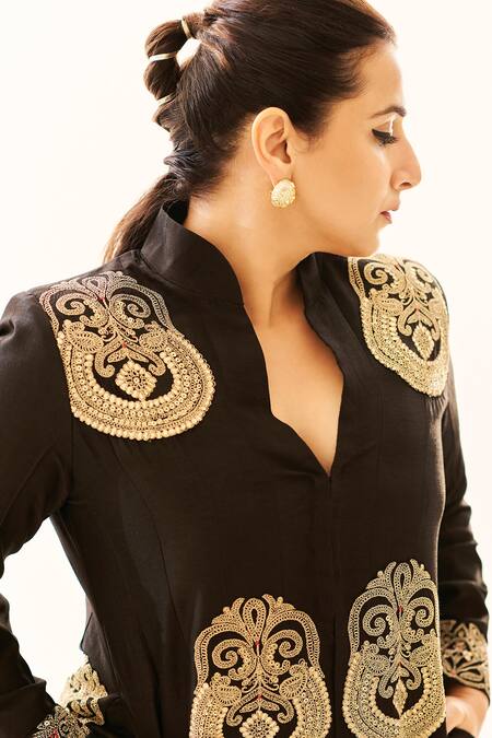Shop_Gopi Vaid_Black Tussar Sequins, Gota Patti Aadhya Embroidered Jacket Anarkali And Pant Set _Online_at_Aza_Fashions