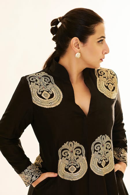 Gopi Vaid_Black Tussar Sequins, Gota Patti Aadhya Embroidered Jacket Anarkali And Pant Set _at_Aza_Fashions