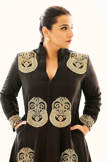 Buy_Gopi Vaid_Black Tussar Sequins, Gota Patti Aadhya Embroidered Jacket Anarkali And Pant Set 