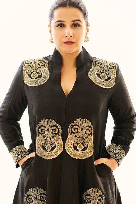 Shop_Gopi Vaid_Black Tussar Sequins, Gota Patti Aadhya Embroidered Jacket Anarkali And Pant Set 