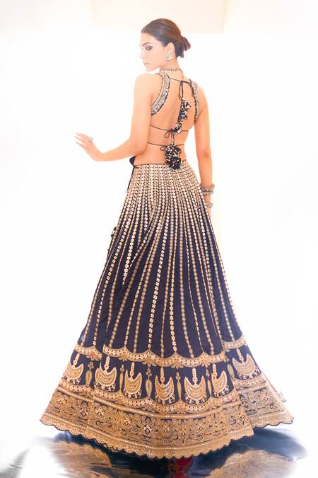 Shop Gopi Vaid Black Tussar Gota Patti, Embroidery Scoop Neck Asma Work Lehenga Blouse Set Online at Aza Fashions Shop_Gopi Vaid_Black Tussar Gota Patti, Embroidery Scoop Neck Asma Work Lehenga Blouse Set _Online_at_Aza_Fashions