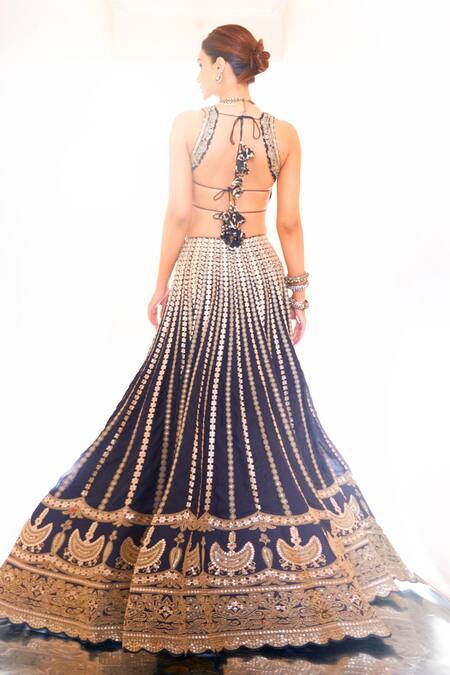 Gopi Vaid Black Tussar Gota Patti, Embroidery Scoop Neck Asma Work Lehenga Blouse Set at Aza Fashions Gopi Vaid_Black Tussar Gota Patti, Embroidery Scoop Neck Asma Work Lehenga Blouse Set _at_Aza_Fashions