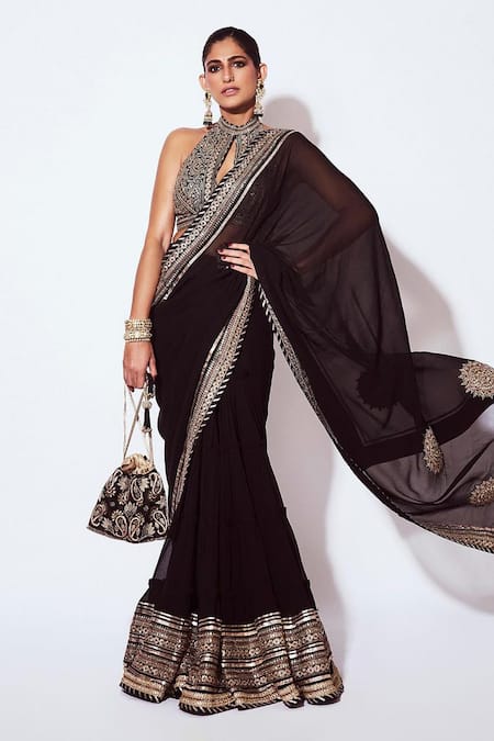 Gopi Vaid Black Blouse Tussar Silk Border Pre-draped Saree With Bralette 