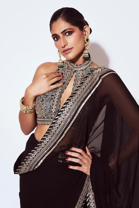 Buy Black Blouse Tussar Silk Border Pre-draped Saree With Bralette
