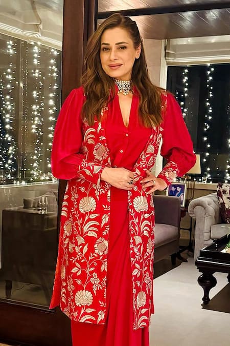 Gopi Vaid_Red Tussar Embroidery Zari Thread Ruhi Floral Draped Skirt Set  _Online_at_Aza_Fashions