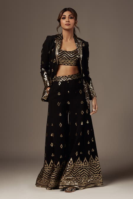 Gopi Vaid Black Cotton Silk Embroidery Thread Blazer Shawl Collar Marrakesh Sharara Set