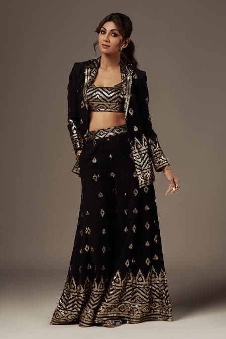 Buy_Gopi Vaid_Black Cotton, Silk Sequins, Mirrors Marrakesh Embroidered Blazer Sharara Set _Online_at_Aza_Fashions