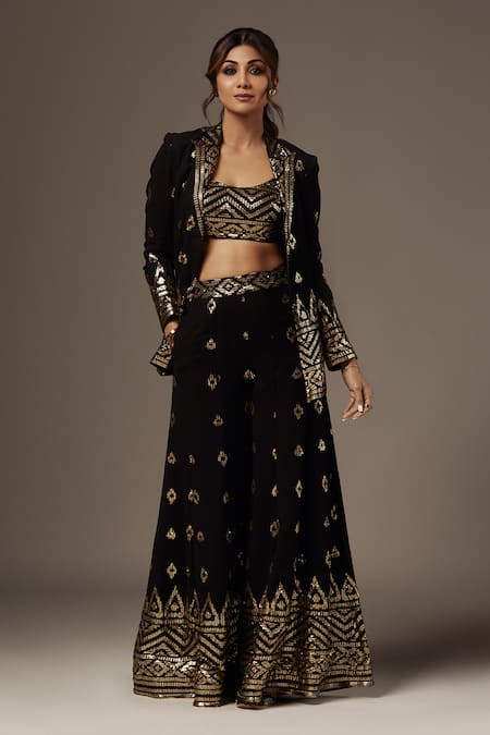 Shop_Gopi Vaid_Black Cotton, Silk Sequins, Mirrors Marrakesh Embroidered Blazer Sharara Set _Online_at_Aza_Fashions