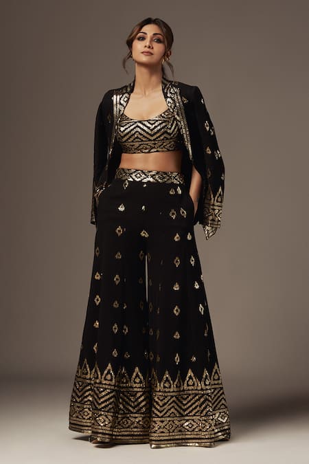 Gopi Vaid_Black Cotton, Silk Sequins, Mirrors Marrakesh Embroidered Blazer Sharara Set _at_Aza_Fashions